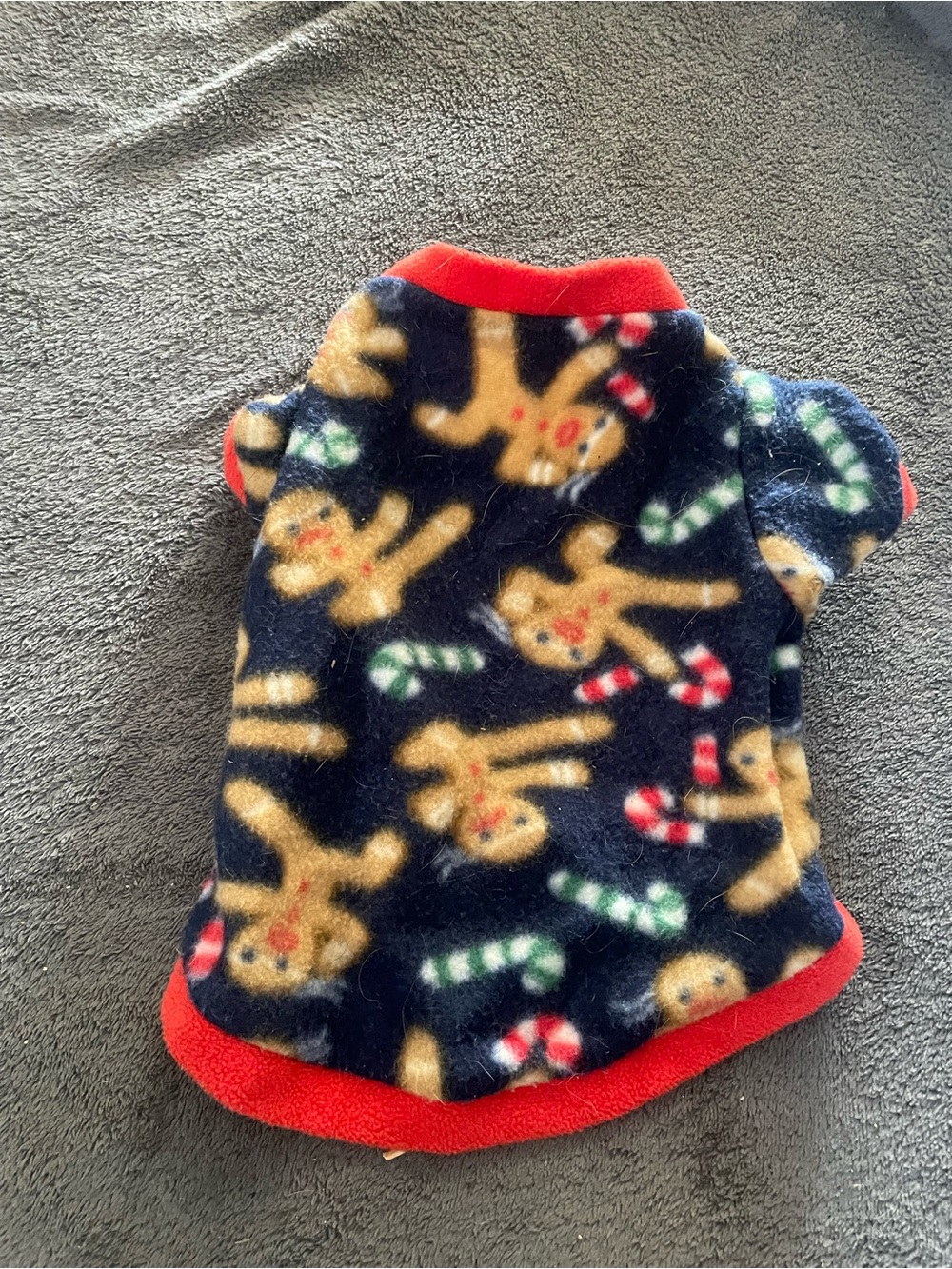 Festive Gingerbread Fleece Pullover for Small Dogs - Navy with Red Trim